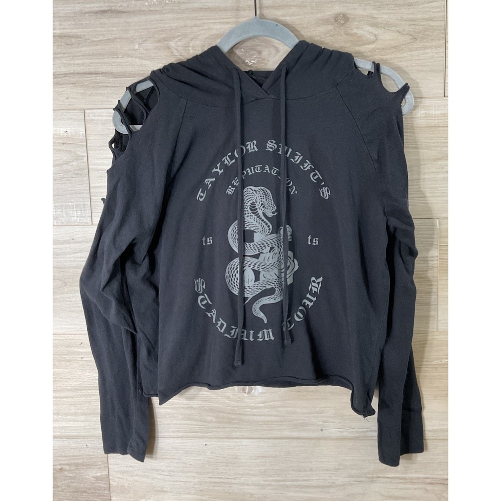Taylor Swift Reputation Tour Shoulder Cut Crop Hoodie Snake LARGE Distressed